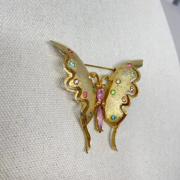 Pell Uranium Glass Butterfly Brooch Vintage Signed Gold-Tone Pink Body